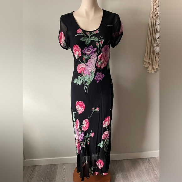Vintage Dresses & Skirts - Vintage Nostalgic Floral Chiffon Maxi Dress Whimsigoth Black Pink 90s Y2K